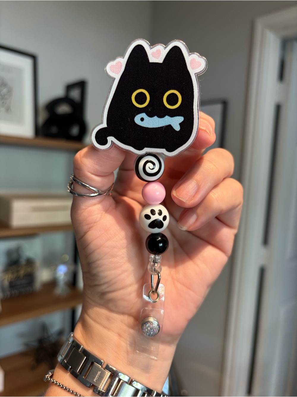 Handmade Black Cat Badge Reel with Fish & Pink Paw Print Beads